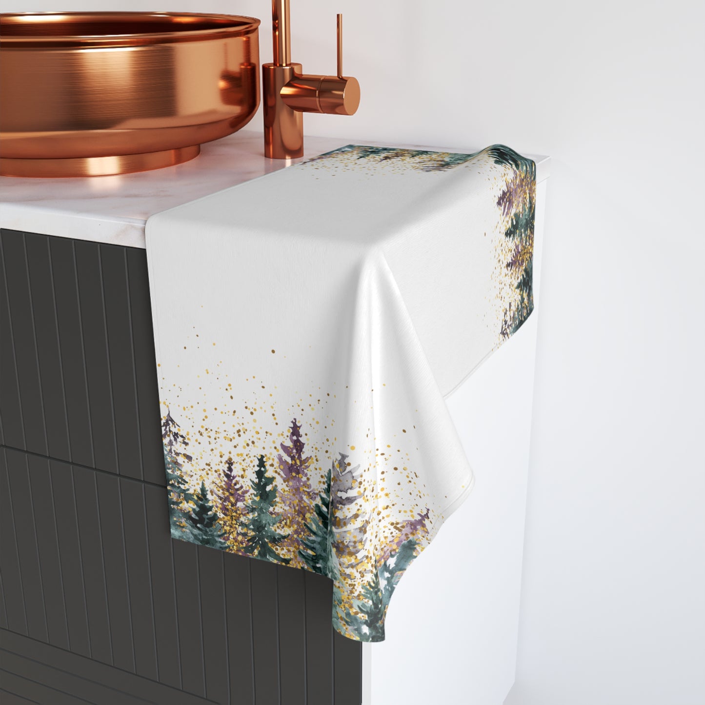 Woodland Pines Hand Towel — Watercolor Evergreen Forest with Gold Speckle