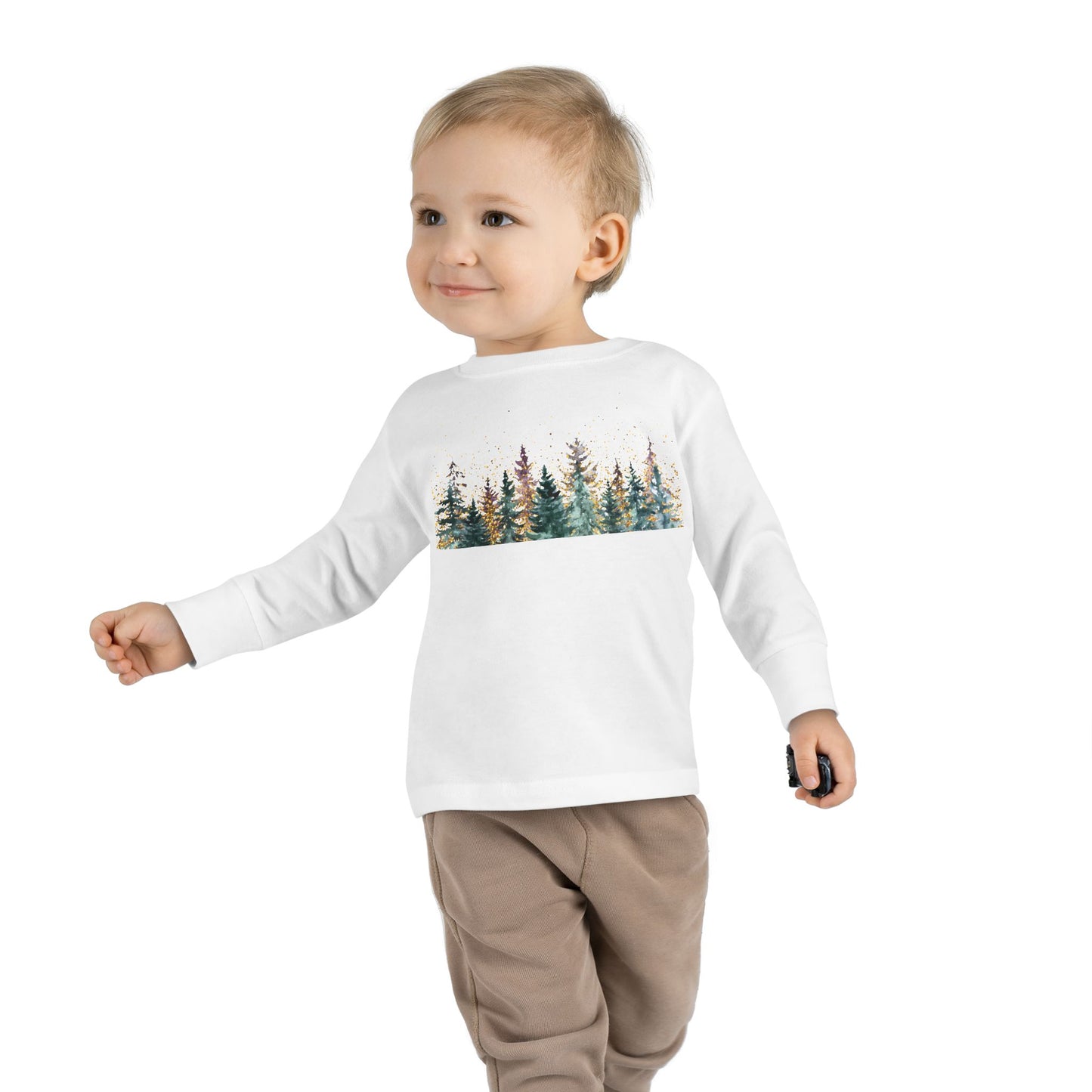 Toddler Long Sleeve Tee — Watercolor Pine Forest Kids Shirt (Woodland Nature Design)