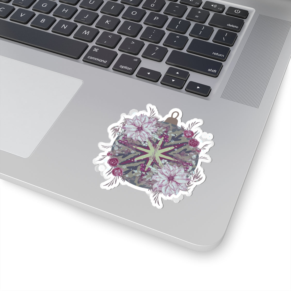 Floral Ornament Kiss-Cut Sticker — Vintage Poinsettia & Berries Laptop Decal