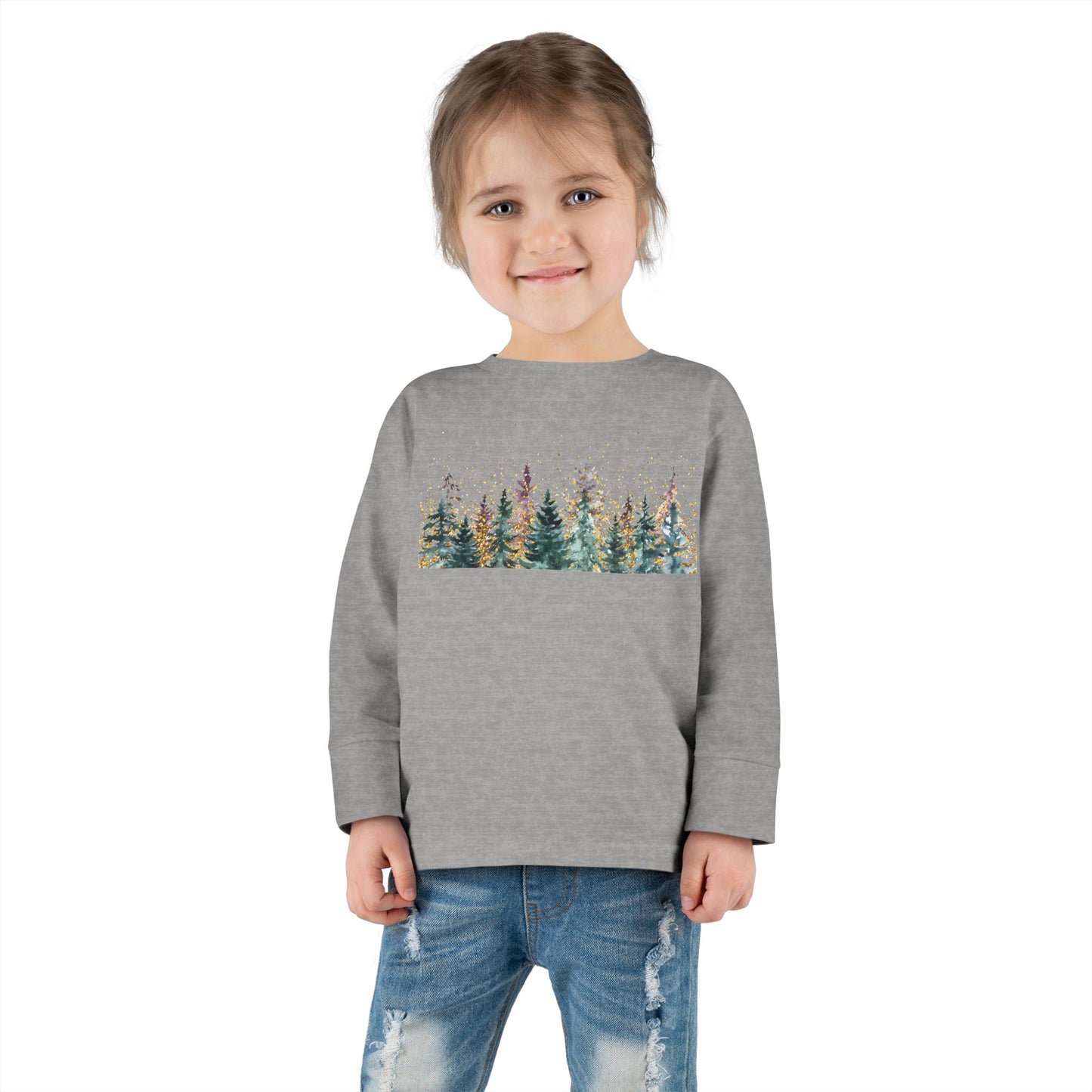 Toddler Long Sleeve Tee — Watercolor Pine Forest Kids Shirt (Woodland Nature Design)