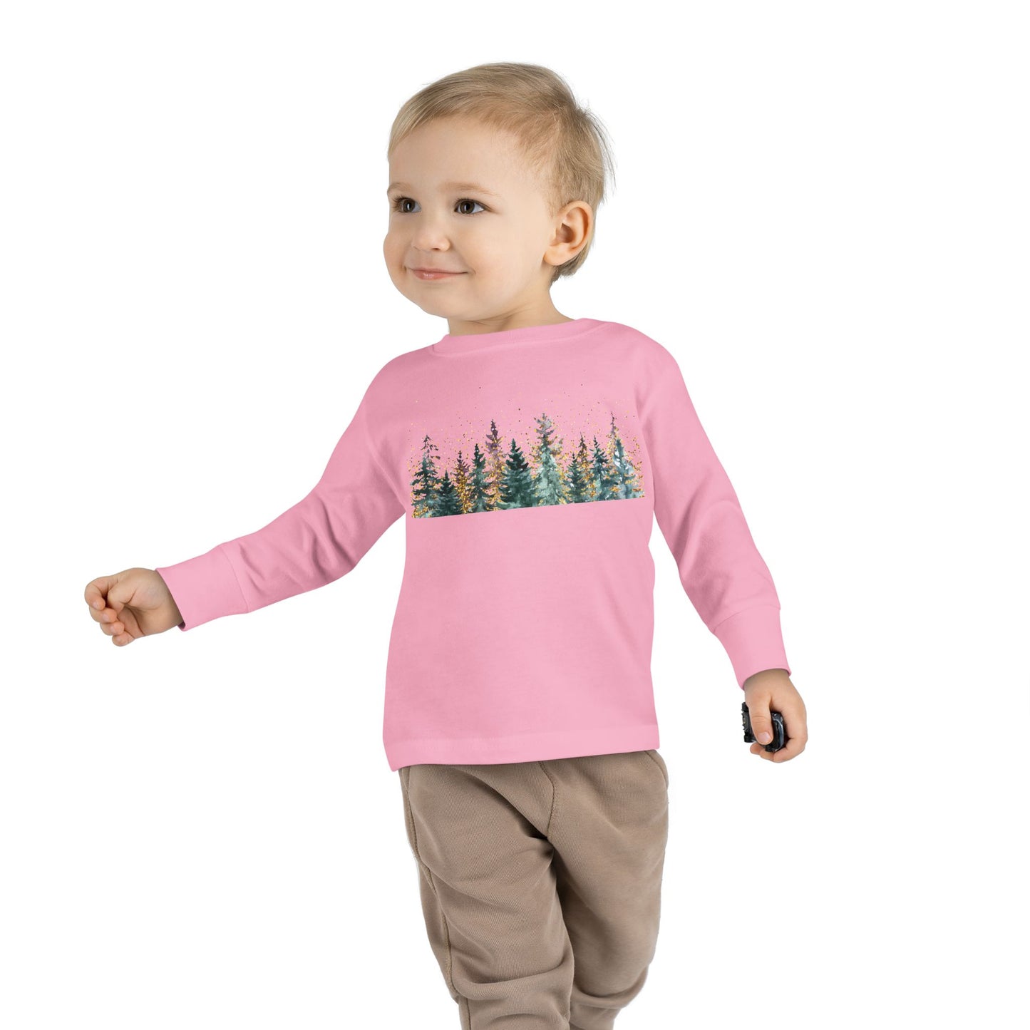 Toddler Long Sleeve Tee — Watercolor Pine Forest Kids Shirt (Woodland Nature Design)