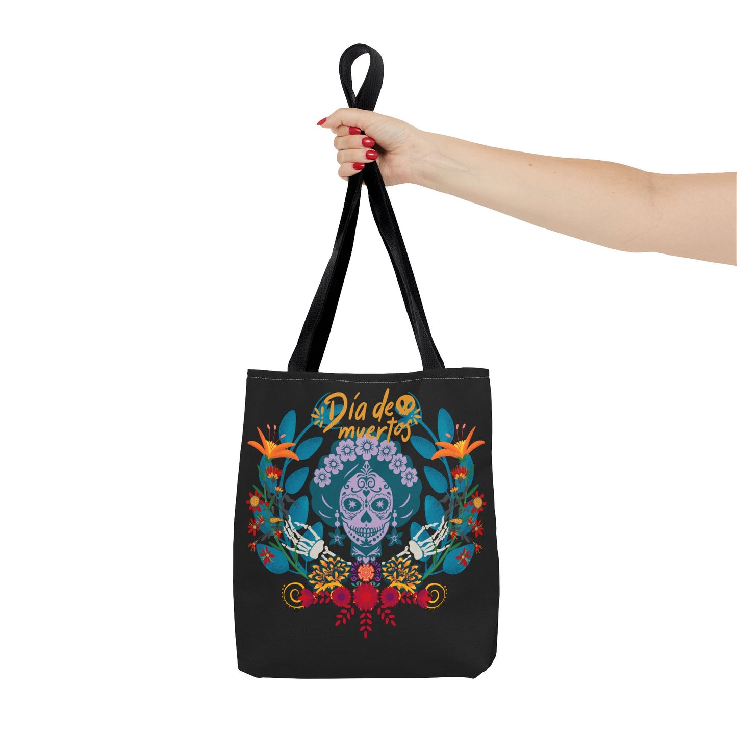 Dia de Muertos Tote Bag, Halloween Gift, Floral Skull Bag, AOP Grocery Tote, Eco-Friendly Shopper