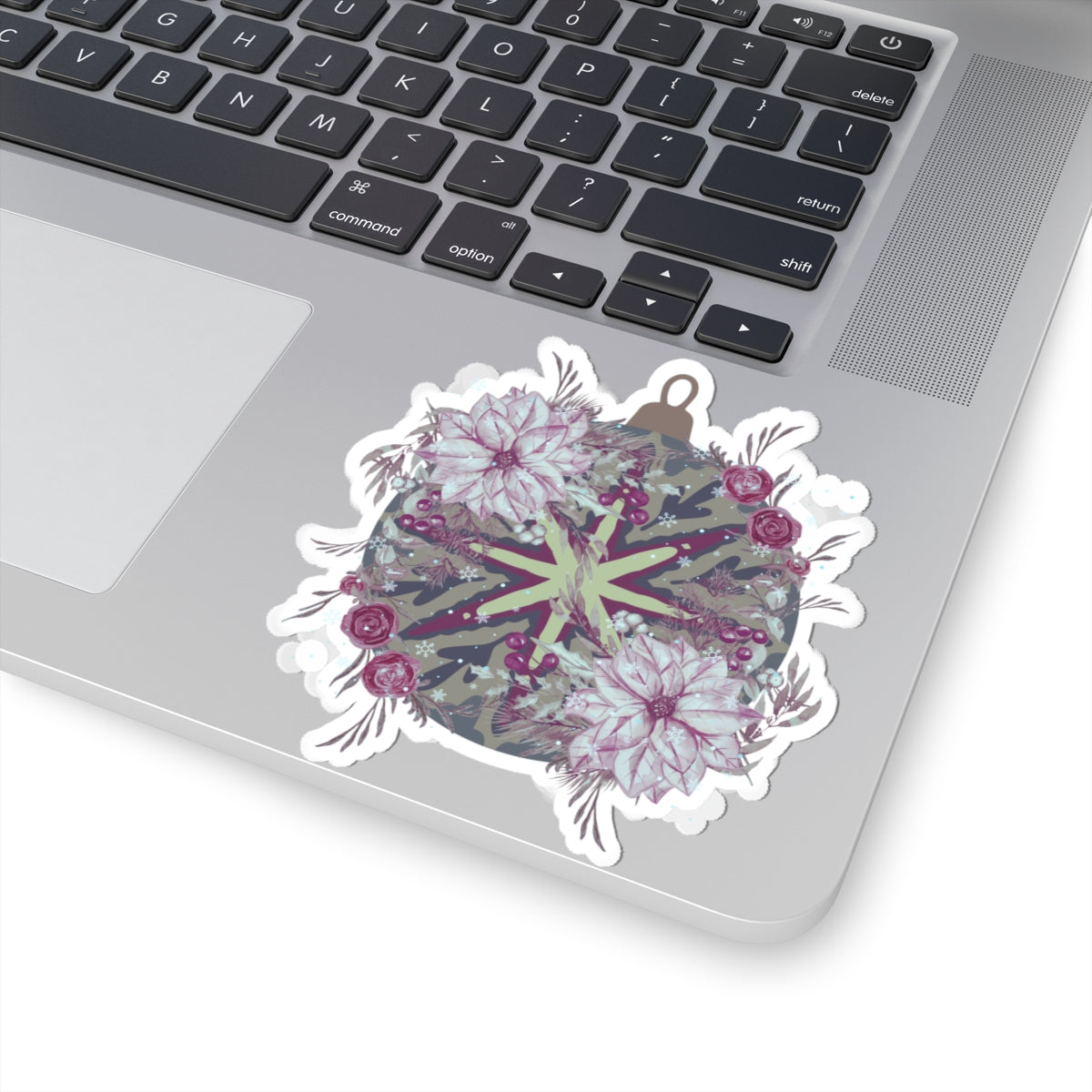 Floral Ornament Kiss-Cut Sticker — Vintage Poinsettia & Berries Laptop Decal