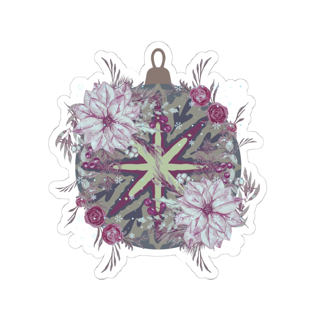 Floral Ornament Kiss-Cut Sticker — Vintage Poinsettia & Berries Laptop Decal