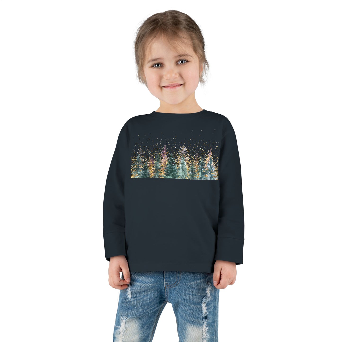 Toddler Long Sleeve Tee — Watercolor Pine Forest Kids Shirt (Woodland Nature Design)