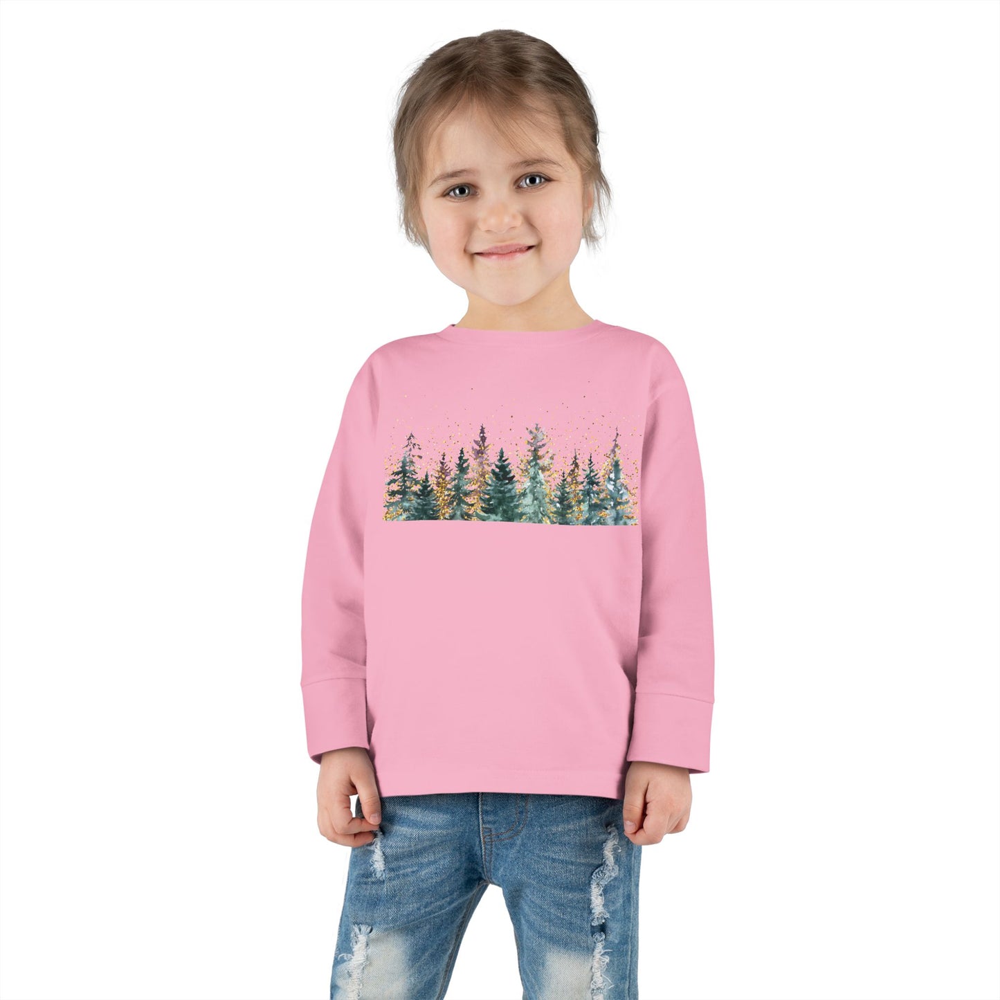 Toddler Long Sleeve Tee — Watercolor Pine Forest Kids Shirt (Woodland Nature Design)