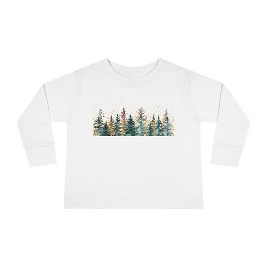Toddler Long Sleeve Tee — Watercolor Pine Forest Kids Shirt (Woodland Nature Design)