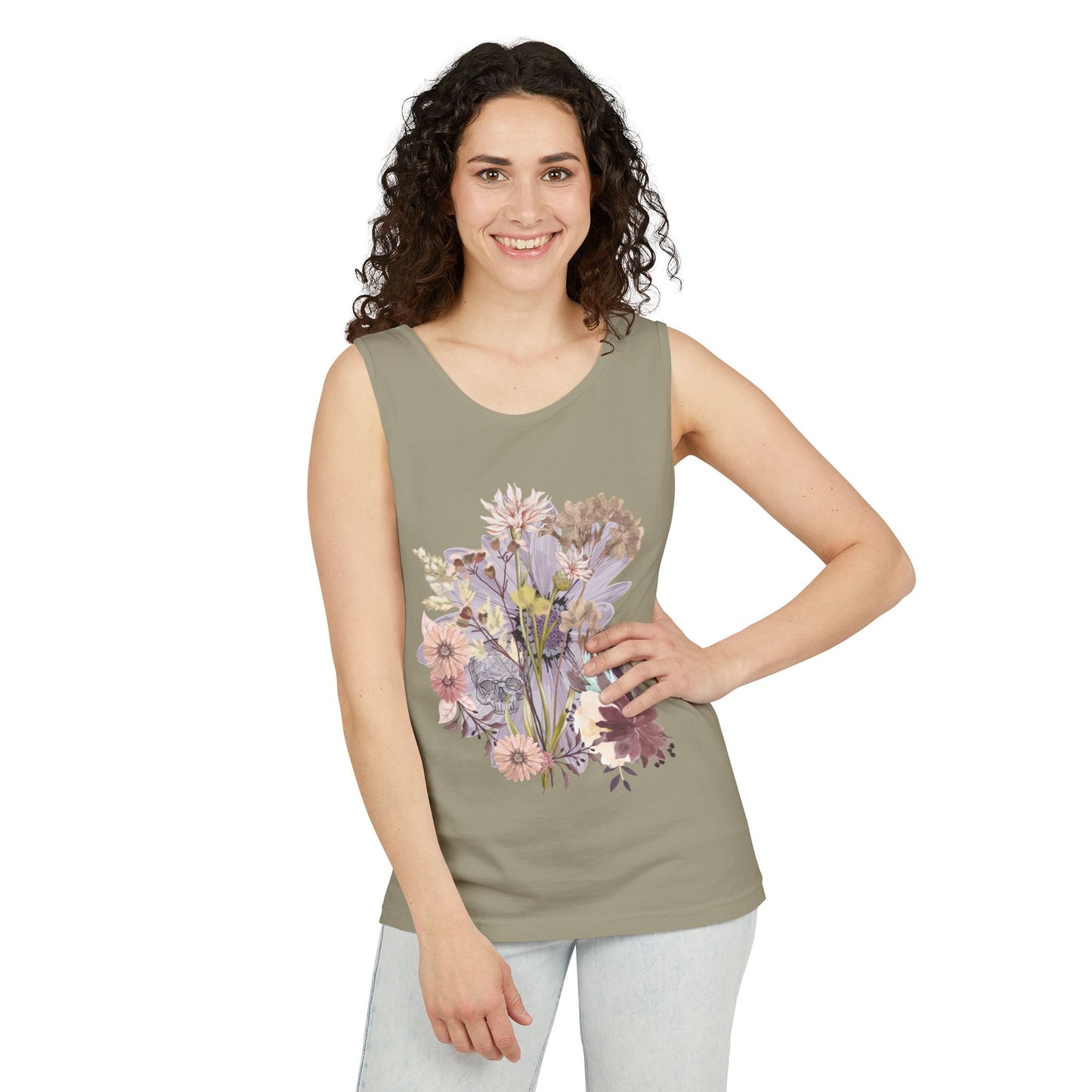 Floral Unisex Garment-Dyed Tank Top, Summer Casual Wear, Flower Print Shirt, Boho Top, Perfect for Festivals, Beach Days, and Warm Weather