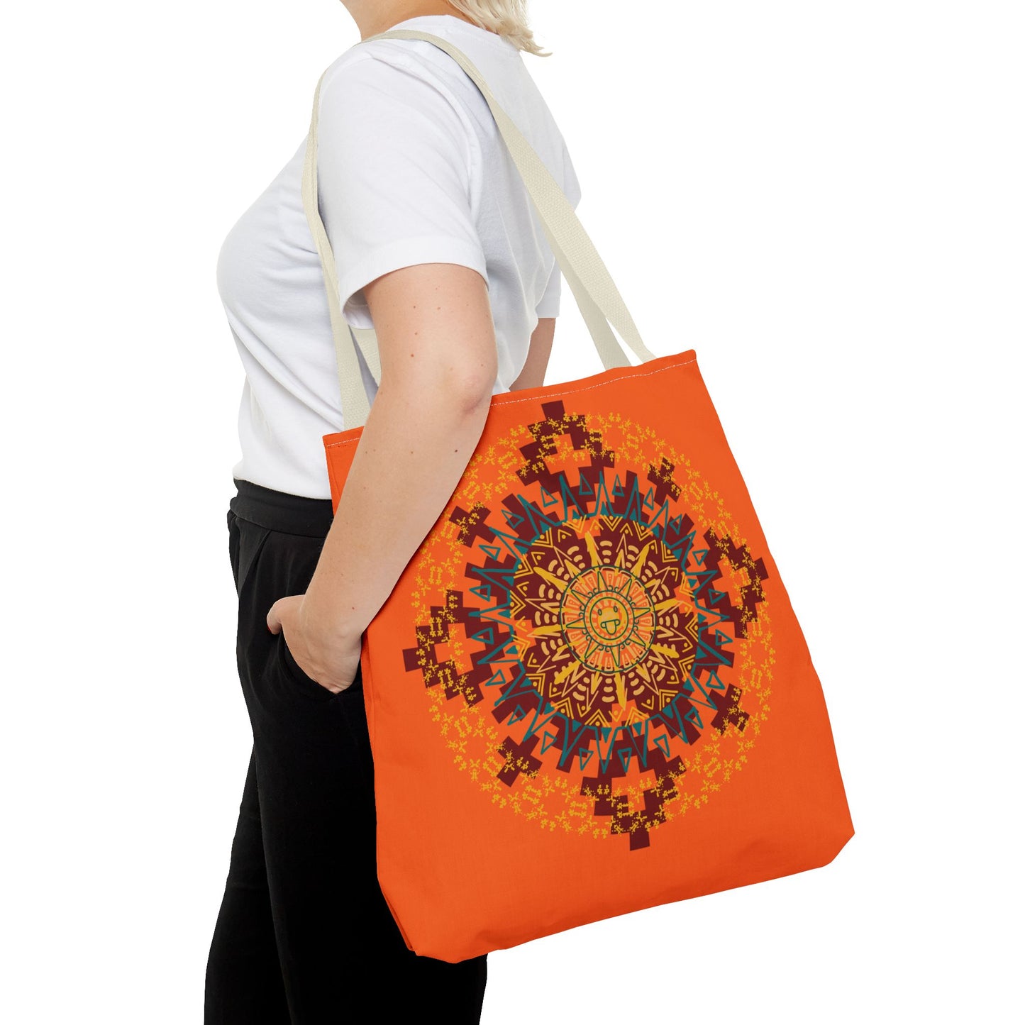 Vibrant Aztec/Mayan Calendar Inspired Mandala Tote Bag | Eco-Friendly Shopping Bag, Beach Bag, Gift for Her, Boho Style, Art Print Bag