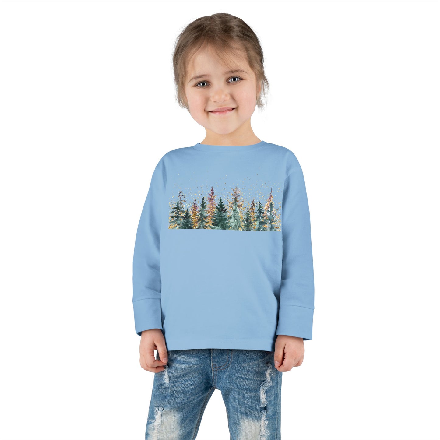 Toddler Long Sleeve Tee — Watercolor Pine Forest Kids Shirt (Woodland Nature Design)