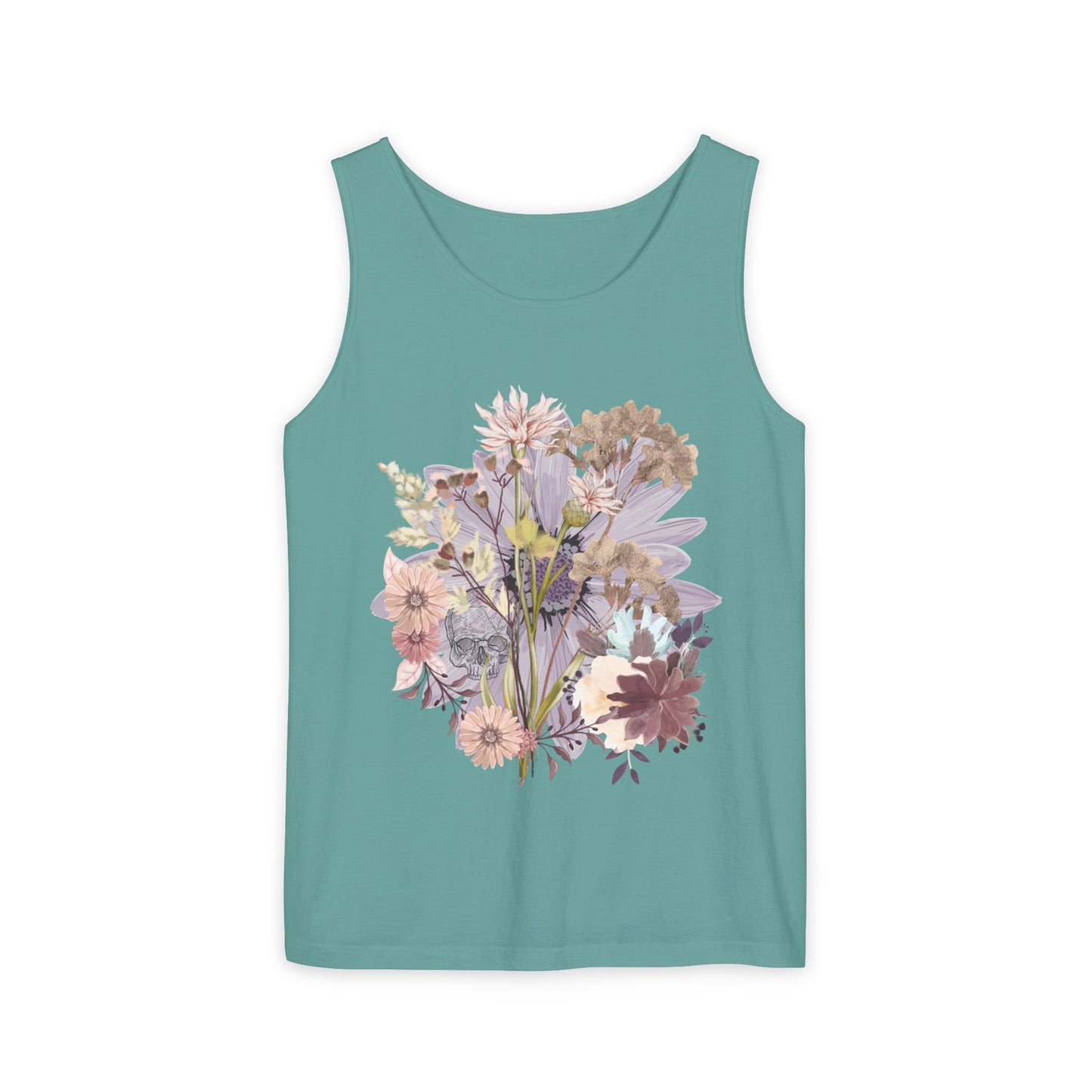Floral Unisex Garment-Dyed Tank Top, Summer Casual Wear, Flower Print Shirt, Boho Top, Perfect for Festivals, Beach Days, and Warm Weather