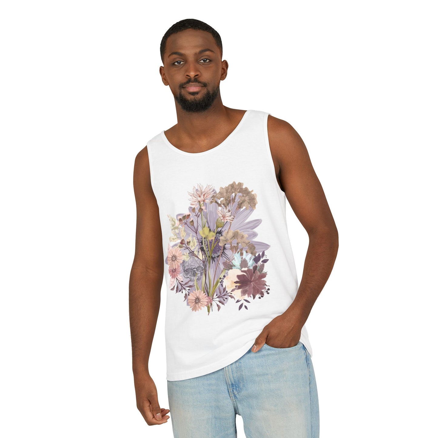 Floral Unisex Garment-Dyed Tank Top, Summer Casual Wear, Flower Print Shirt, Boho Top, Perfect for Festivals, Beach Days, and Warm Weather