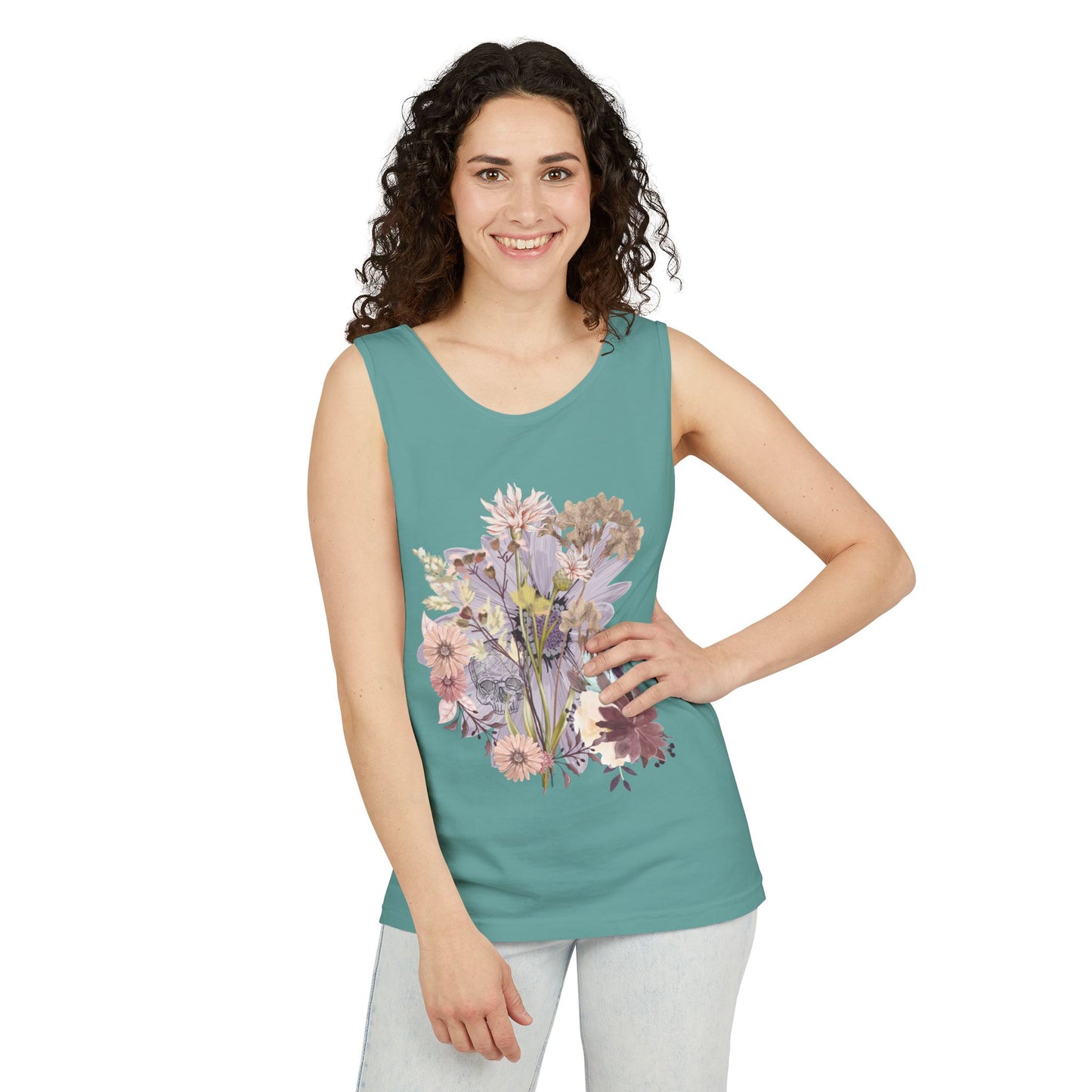 Floral Unisex Garment-Dyed Tank Top, Summer Casual Wear, Flower Print Shirt, Boho Top, Perfect for Festivals, Beach Days, and Warm Weather