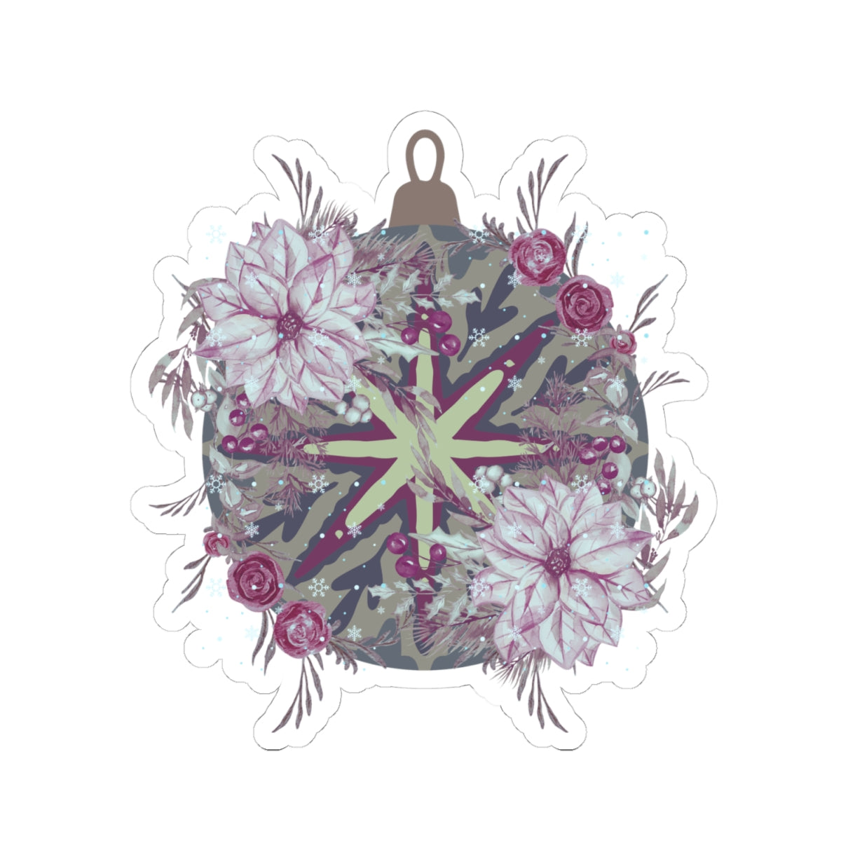 Floral Ornament Kiss-Cut Sticker — Vintage Poinsettia & Berries Laptop Decal