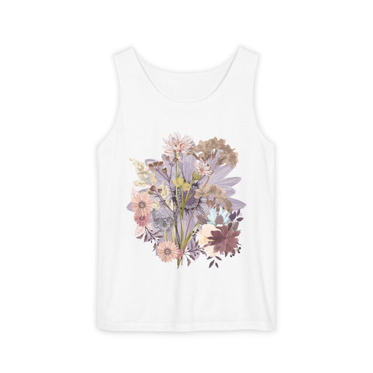 Floral Unisex Garment-Dyed Tank Top, Summer Casual Wear, Flower Print Shirt, Boho Top, Perfect for Festivals, Beach Days, and Warm Weather